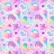 Colorful seamless pattern: unicorn, sweets, rainbow, ice cream, lollipop, cupcake, rose, bat. Vector illustration. Stickers, pins