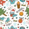 Colorful seamless pattern with winter related hand drawn elements