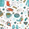 Colorful seamless pattern with winter related hand drawn elements