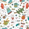 Colorful seamless pattern with winter related hand drawn elements