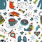 Colorful seamless pattern with winter related hand drawn elements