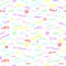 Colorful seamless pattern with words and doodles: summer, sun, fun and others. Cute contrasting multicolored background. Vector