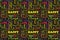 Colorful seamless pattern with words: happy, joy, laugh, smile, happiness, love, fun, cheers. Vector. Black background.