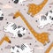 Colorful seamless pattern with zebras, giraffes. Decorative cute background with funny animals, sky