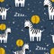 Colorful seamless pattern with zebras, moon, stars