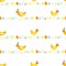 Colorful seamless repeat pattern of yellow and orange chickens in horizontal lines on a white background.