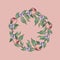 Colorful seamless wreath of peaches, leaves and flowers on a pink background.