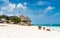 Colorful seascape with african cows and huts on the beach