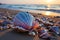 Colorful seashell adorning the shoreline at sunset, summer season nature image