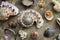 Colorful seashells on the sand beach.