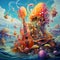 Colorful seaside scene with musical instruments and marine life in surreal art style