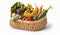 A colorful selection of freshly harvested organic vegetables arranged in a natural basket