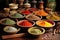 colorful selection of indian spices in wooden bowls