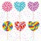 Colorful Set candy lollipops, spiral candy cane. Candy on stick with twisted design on white abstract geometric retro polka dot ba