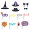 Colorful set with carnival masks and hats. Witch cap, glasses, beard, lips, speech bubble, cat ears and bow tie