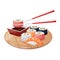 A colorful set of different types of sushi on a bamboo tray.Cartoon isolated bamboo plate with chopsticks and rolls with