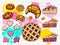 Colorful set of fresh pastries. Hearts stars cookies, cake, homemade chocolate cookies, circle pie, croissant.