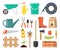 Colorful  set of garden icons: garden tools, equipment, planting process, harvest. Flat style  ollustration