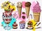 Colorful set of ice cream chocolate fruits desserts. Ice cream, cream, strawberry dessert, chocolate, vanilla sticks, flowers.