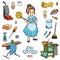 Colorful set with maid and objects for cleaning. Cartoon sticker