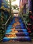 A colorful set of stairs with a mural painted on them, AI