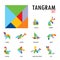 Colorful set of tangram game icons made with geometry shapes in abstract style, includes animal, vector illustration