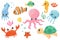 Colorful set of various sea creatures. Cartoon fish, seahorse, turtle, crab, jellyfish, octopus, seastar, seaweed. Flat