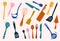 Colorful sets of silhouette kitchen tools: spade, ladle, knife, spoon, fork, spatula, knead