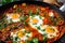 Colorful Shakshuka simmering in a deep skillet with vibrant vegetables and spices