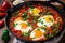 Colorful Shakshuka simmering in a deep skillet with vibrant vegetables and spices