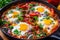 Colorful Shakshuka simmering in a deep skillet with vibrant vegetables and spices