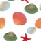 Colorful shells and red starfishes, seamless pattern, transparent background.