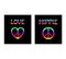 Colorful shirt prints in rainbow colors with heart shape, hippie peace symbol, love and hippie word on black background.