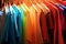 Colorful shirts hanging on clothing rail. Generative AI