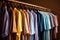 Colorful shirts hanging in a dressing room, neatly washed, ironed