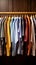 Colorful shirts hanging in a dressing room, neatly washed, ironed