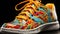 A colorful shoe with a colorful paint splatter design. Generative AI image.