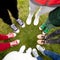 Colorful shoes on children feet. Cool youth colorful white pink green blue black gray gym shoes, people standing in circle, copy