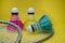 Colorful shuttlecocks and badminton rackets