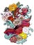 Colorful Siamese fighting,koi fish coloring book japanese style.Japanese old dragon for tattoo. Traditional Asian tattoo