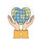 Colorful silhouette hands with floating earth globe world in heart shape