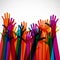 Colorful silhouettes hands up on a light background.