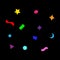 Colorful simple party confetti flying isolated on black, star ribbon confetti glitter, geometric stars and ribbons explosion
