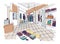 Colorful sketch of fashion showroom or shop, trendy apparel store or clothing boutique interior with shelving, counter