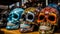 Colorful skulls are displayed on a table in a market