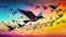 colorful sky with clouds with bird and musical notes