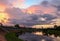 Colorful sky and colorful water in lake reflected in evening