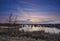 Colorful sky and colorful water in lake reflected in evening, focus on grass in foreground