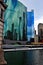 Colorful skyline of Wacker Drive in the Chicago Loop at rush hour on a snowy spring morning