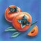 Colorful slice and whole of juicy persimmon. Fresh cartoon persimmon isolated on dark background. Juice or jam logotype. Flat hand